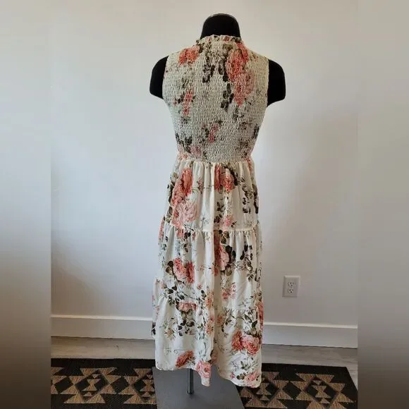 Cream Floral Midi Dress Smocked Tiered Fairy Cottage Whimsical Pastoral Maiden S - Picture 4 of 10